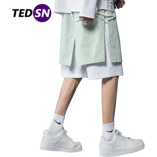 Hip Hop Shorts Streetwear 2021 Summer Casual Short Lattice Splicing Fake Two Pieces Shorts Oversized Joggers Pockets Baggy Pant