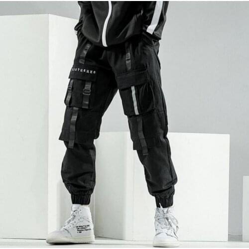 Techwear Pants Streetwear Mens Black Harem Overalls Ribbon Mens Sports Pants Multi-pocket Mens Casual Pants Hip-hop Jogger