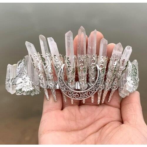 Q1FA Crystal Quartz Headwear White Angel Aura Raw Stones Tiara Fairy Headband Bohemia Hair Ornaments for Music Festival
