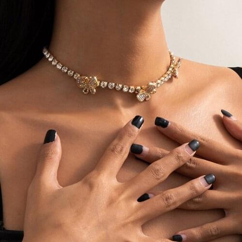 TIMEONLY Vintage Colorful Butterfly A B Color Bling Bling Rhinestones Chokers Necklaces Chunky Cuban Chain Necklace for Women