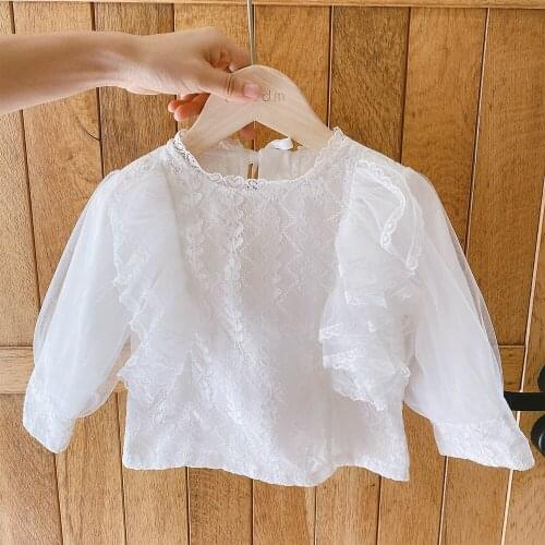 AmyaBaby Toddler Girl Puff Sleeve Top Spring Autumn White Color Lace Girls Blouse Korean Style Princess Birthday Kids Shirts