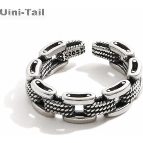 Uini-Tail new hot sale 925 sterling silver hollow chain open ring fashion dynamic retro imitation chain woven ring wholesale