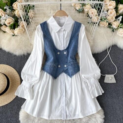 Spring new Hong Kong age reduction two-piece fashion suit shirt dress women wild short retro denim vest jacket 2-piece set s560