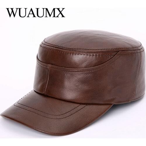 Wuaumx Cow Leather Military Hats For Men Winter Fall Warm Mens Genuine Leather Cowskin Hat Real Cowhide Flat Top Baseball Caps