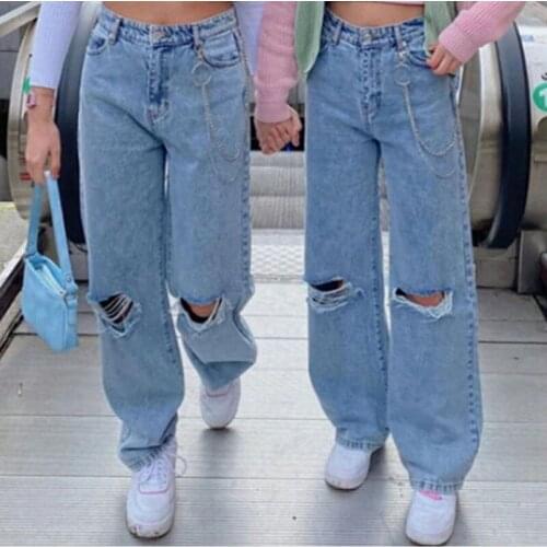 Y2K Autumn retro ripped chain jeans womens high-waist button pocket loose wide-leg jeans high-street slim-fit washable jeans