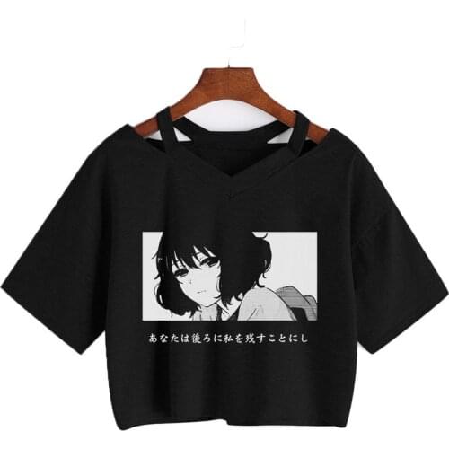 Ulzzang Y2k Punk V-neck Short Sleeve Tees Women T-shirt Harajuku Gothic Black Grunge Crop Tops Streetwear Summer Anime Loose Top