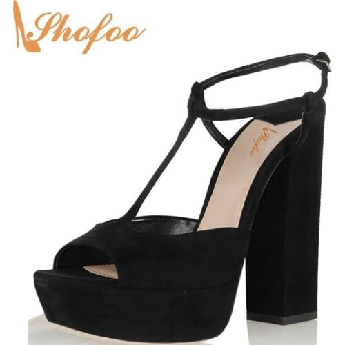 Black Platform Thick High Heels T Strap Sandals Open Toe Female Summer Shoes Mature Classic Big Size 10 13 Office Lday 2021 New