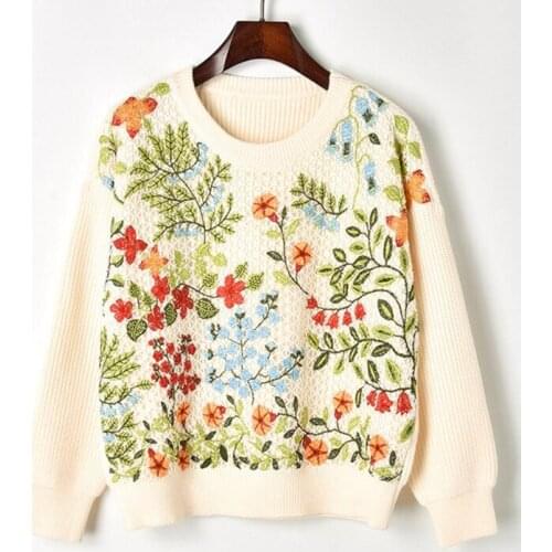 Runway Hollow Out Winter Pullover Knit Sweaters Vintage Flora Embroidery Oversized Women Sweater Jumper Sueter Mujer