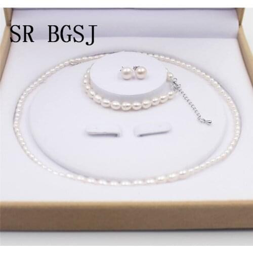 Free Shipping SR 5-6mm 2-3mm Women Jewelry Natural Rice Freshwater Pearl Knot Necklace Braclet Earrings Pearl Set