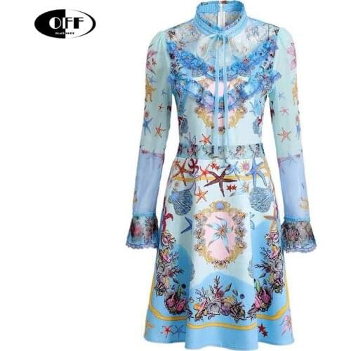 Designer Summer Elegant Ruffles Mini Dresses Women Fashion Blue Long Sleeve Beach Vacation Lace Bow Party Dress Femme Robe mujer