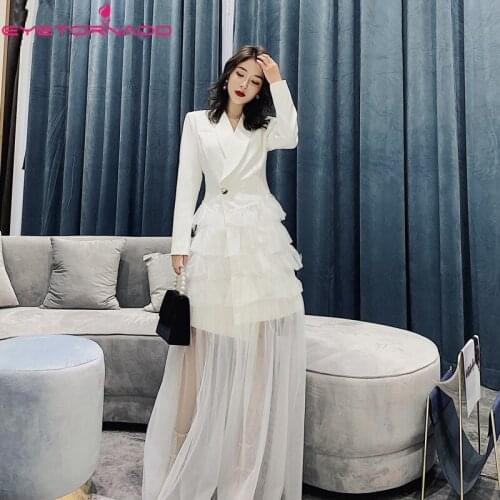Designer Women Notched Blazer Dress Spring Summer Fashion Runway Sexy Long White Mesh Ruffled Prom Party Evening Maxi Dresses