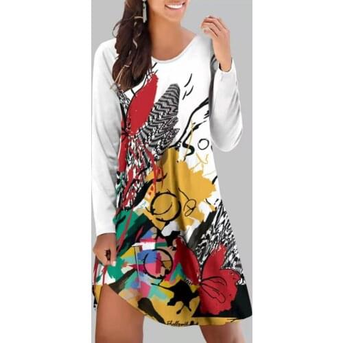 Women Dress Floral Print Irregular Hem Autumn Long Sleeve A-Line Dress Streetwear 2021 New O Neck Colorful Print Autumn Dress