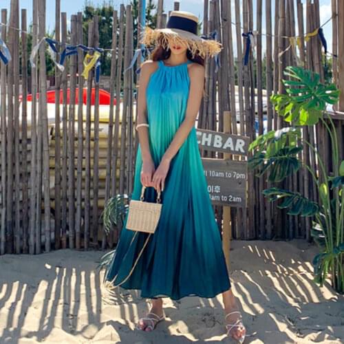 Women Maxi Pleated Halter Dress Summer 2021 Runway Elegant Vintage Fairy Casual Tropical Sea Beach Vacation Party Vestidos New