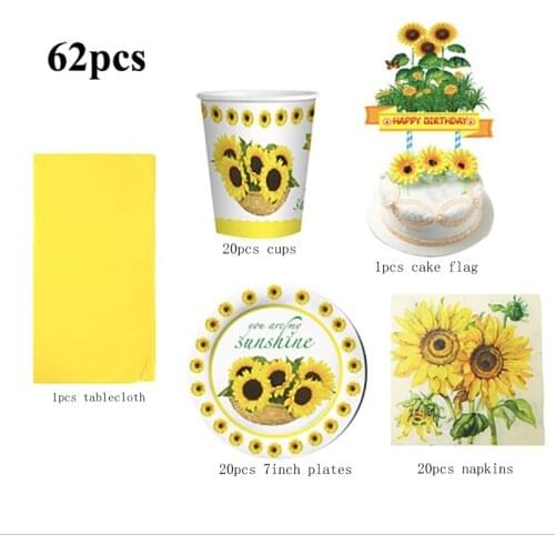 62Pcs Baby Shower Sunflower Theme Birthday Party Decoration Tableware Supplies Sunlight Disposable Plates Cups Napkins Straws