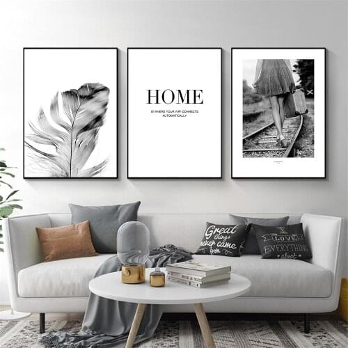 Black White Feather Wall Art Posters And Prints Quotes Canvas Painting Girl Track Art Print Nordic Picture Living Room Decor