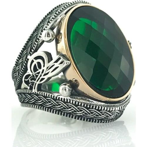 Emerald green Big Oval Cut Tuğra Silver Men 'S Ring