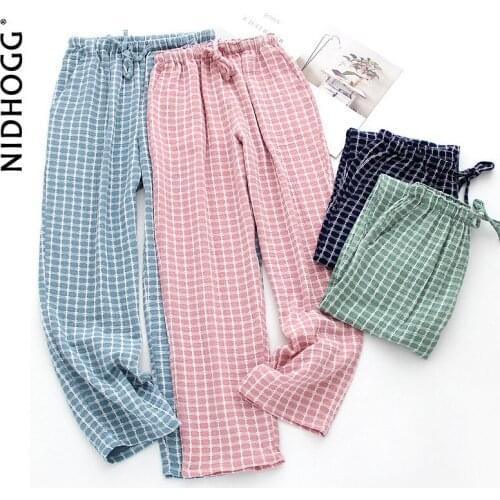 Mens and Womens Home Pants Plus Size Couples Pyjama Bottoms Simple Plaid Casual Pants Elastic Waist Pure Cotton Yarn Trousers