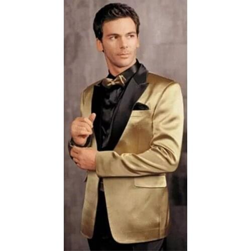 Gold Jacket Black Pants Suit Men 2019 Groom Wedding Tuxedos 2 Piece Men Suits For Wedding Peak Lapel Jacket+Pants Custom Made