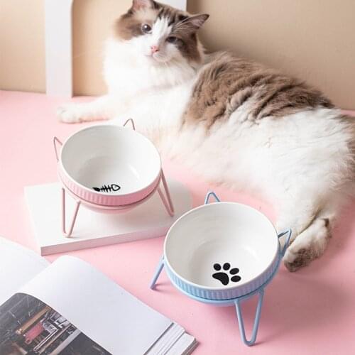 New Ceramic Pet Bowl Protect The Spine Table High Foot Large Oblique Cute Cartoon Feeder Dog and Cat Cat Ear Bowl Pet Supplies