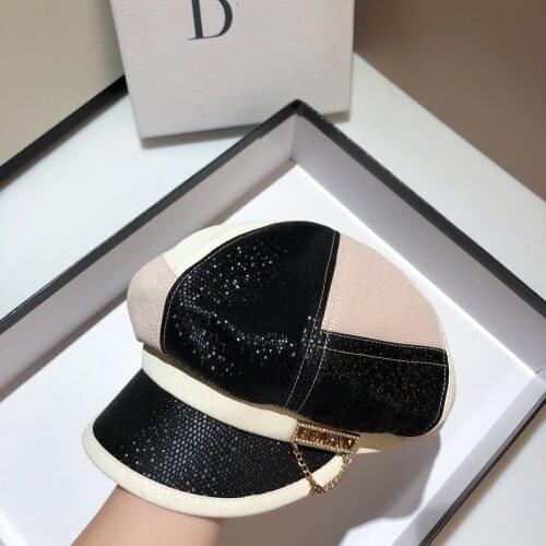 2021 New Octagonal Caps for Women Color Matching with Chains Leather Newsboy Hats Patchwork Autumn Winter Beret Cap Visors