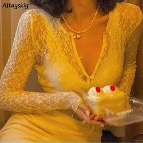 Shirts Women Sexy Slim Lace Thin Summer Mesh Simple Elegant Vintage Trendy Feminine New French Style Popular Leisure Party Ins