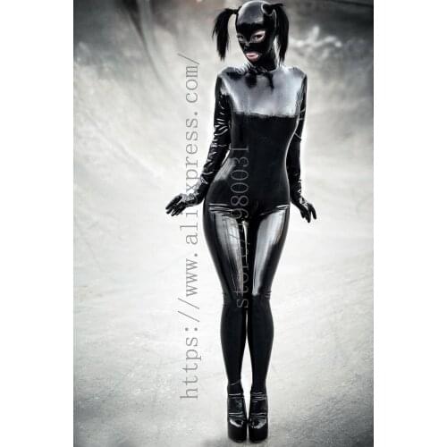 Sexy womens full cover latex catsuit Fetish attached hood mask also hair hole in black with silver color