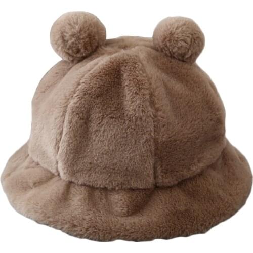 Women Winter Fluffy Plush Warm Bucket Hat with Cute Pompom Bear Ears Solid Color Leopard Short Brim Cloche Fisherman Cap