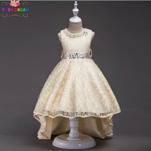 POSH DREAM Gold Flower Girl Dress with Train Sequined Pearl Wedding Party Dress Summer Princess Kids Dresses Clothes Size 3-14y