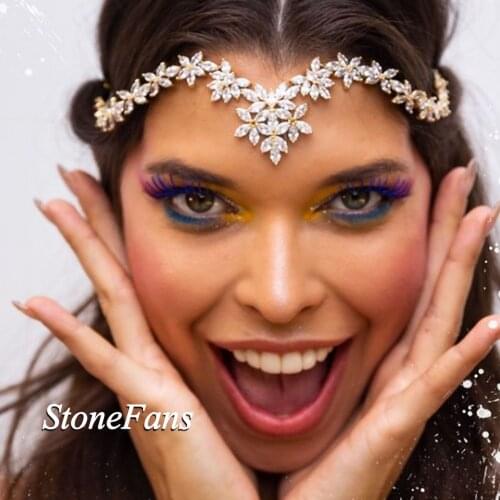 StoneFans Bohemia Designer Womens Bridal Headwear Luxury Wedding Crystal Crown Bridesmaid Zircon Forehead Chain Jewelry Bling