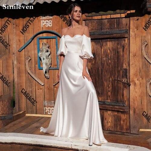 Smileven Princess Wedding Dresses Puff Sleeve Silk Satin Robe De Mariee Off The Shoulder Boho Wedding Gowns Bride Dresses
