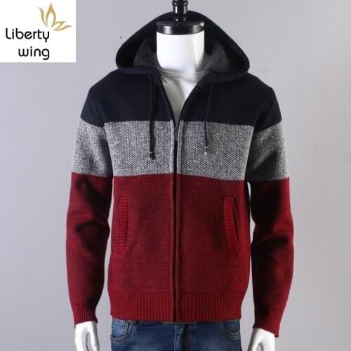 High Street Men Hooded Short Coat Casual Autumn Thick Warm Knitting Cardigan Sweaters New Long Sleeve Outerwear