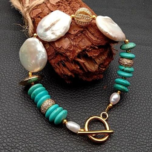 YYGEM 8" 22MM Natural White Coin Freshwater pearls Blue Turquoise Rondelle Cz beads Strand Bracelet For Women Ethnic style