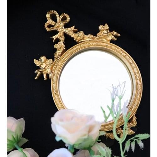 Home Decor Mirror Resin Bow Wall Mirror European Retro Living Room Bedroom Desk Decor Golden Round Makeup Mirror Ornament Crafts