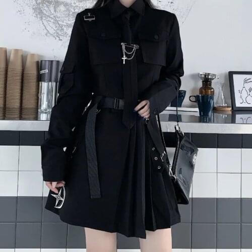 Clothing women 2020 Dark wind pleated skirt, long sleeves short lining two-piece Suit harajuku vintage korean style black skirt