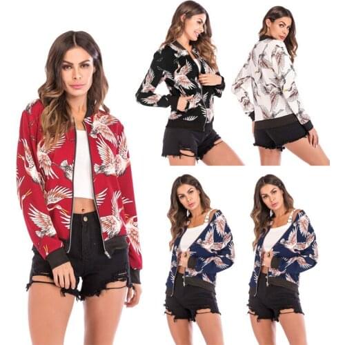 2020 Womens Casual Loose Printed Jacket Trendy Zipper Flying Crane Prints Design Womens Fall Cropped Tops Sexy Females Coats
