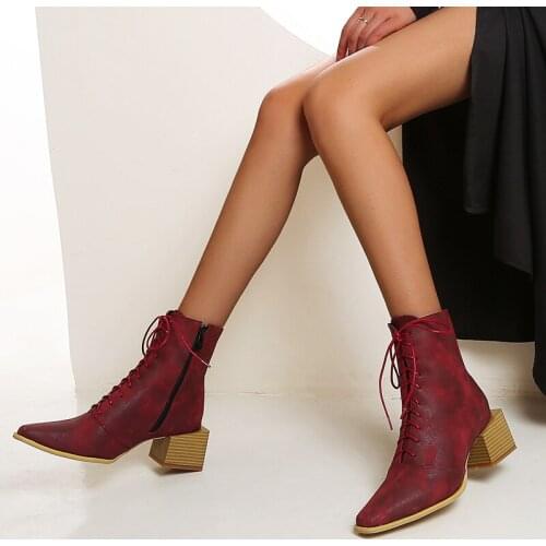 British style lace-up square head side zipper thick mid-heel womens boots square root womens short boots large size 44 45 46 4