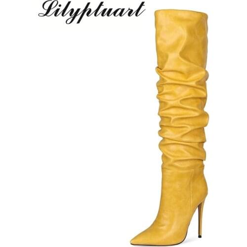 European and American style pointed toe pleated knee-length boots stiletto super high heel womens shoes size 43 women shoes