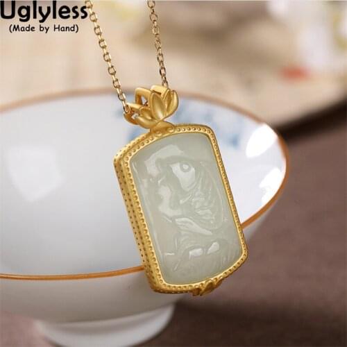 Uglyless Mysterious Noble Dark Green Jade Pendants Jewelry for Women Real 925 Silver Lotus Necklaces NO Chain Blank Gems Jewelry