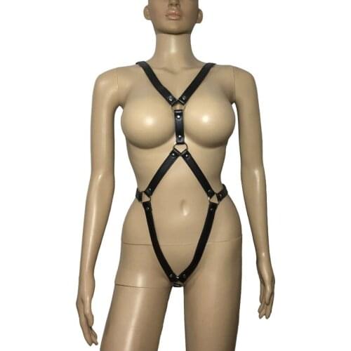Sexy PU Leather Cupless Body Harness Teddy Women Fancy Suspender Restraint Belt Leotard Fetish Costume