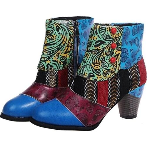 Womens Vintage Leather Ankle Bootie Handmade Short Boots Splicing Floral Pattern Comfort Shoes Ladies Winter Boots