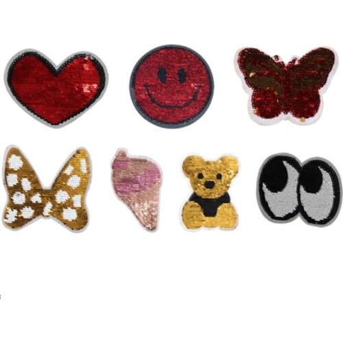 2PCS Cartoon Bear Icecream Sequins EMB Applique Sew On Patch DIY Embroidered Bling Bling Bowknot double-faced Reversible