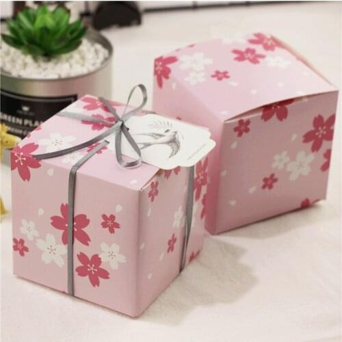 9x9x9cm Cube Pink cherry blossoms Candy box square DIY Gift box Macaron Biscuit Box