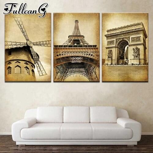 FULLCANG 5d diy diamond embroidery vintage paris landscape diamond painting triptych full square round drill home decor FC2756