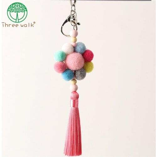 Big plush ball with fringes key chain bohemia womens purse bag charm pompom tassel keychains jewelry diy handmade key ring