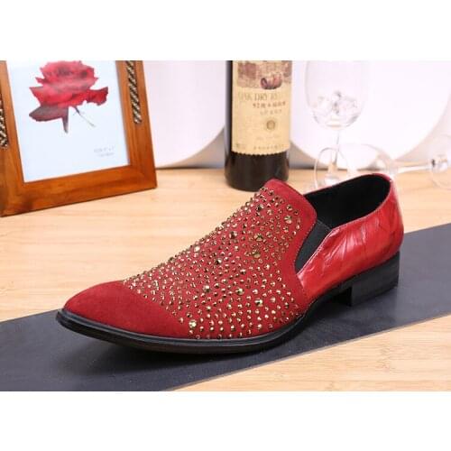 Christia Bella Red Rhinestone Suede Leather Splicing Cow Leather Male Slip on Shoes Plus Size Pointed Toe Mens Wedding Shoes