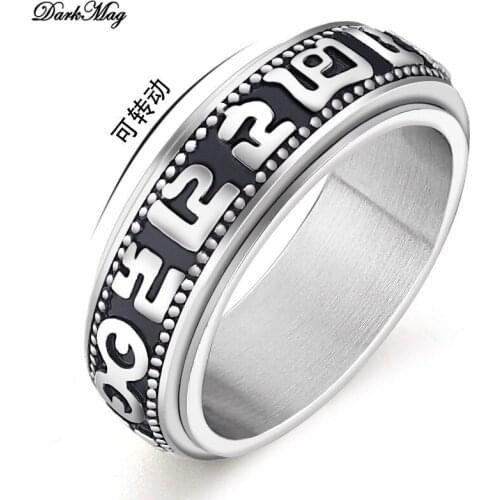 DarkMag Buddhist Men Spinner Curved Carved Buddist Rune Rotating Ring For Budhist Bless health wealth peace Black Rectangle Ring