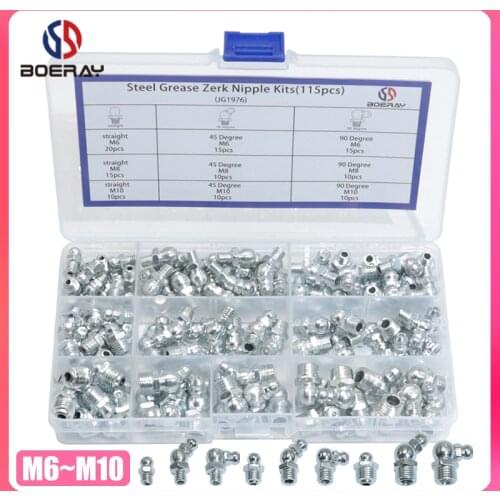 115pcs 90 Degree and 45 Degree and Straight Type M6 M8 M10 Metric Size Hydraulic Zerk Grease Nipple Fitting