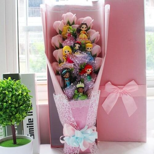Kawaii Princess Pvc Model Doll Toy Flower Bouquet Snow Queen With Artificial Flowers Graduation/Birthday/Valentine Gifts For Kid
