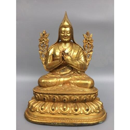 10"Chinese temple collection Old Bronze Gilt Tsongkhapa Statue Tibetan Buddha Enshrine the Buddha Ornaments Town House Exorcism