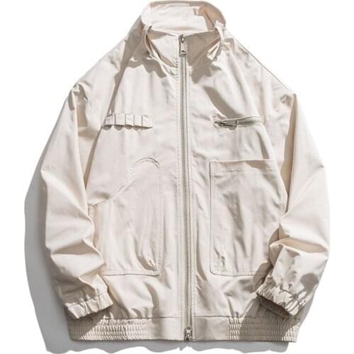 Stand Collar White Jacket Men Black Cargo Coat Oversized Men Jacket Zipper Pockets Clothing Casual Autumn Coat Casaco Masculino